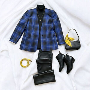 Vintage 80s 90s Sasson Blue Black Yellow Plaid Blazer Jacket M